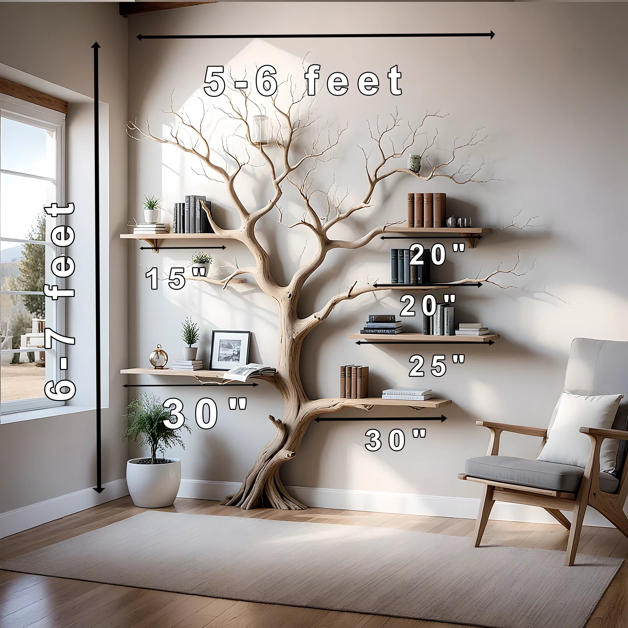 Tree shaped wall shelf, old wooden shelf. Decorative bookshelf 