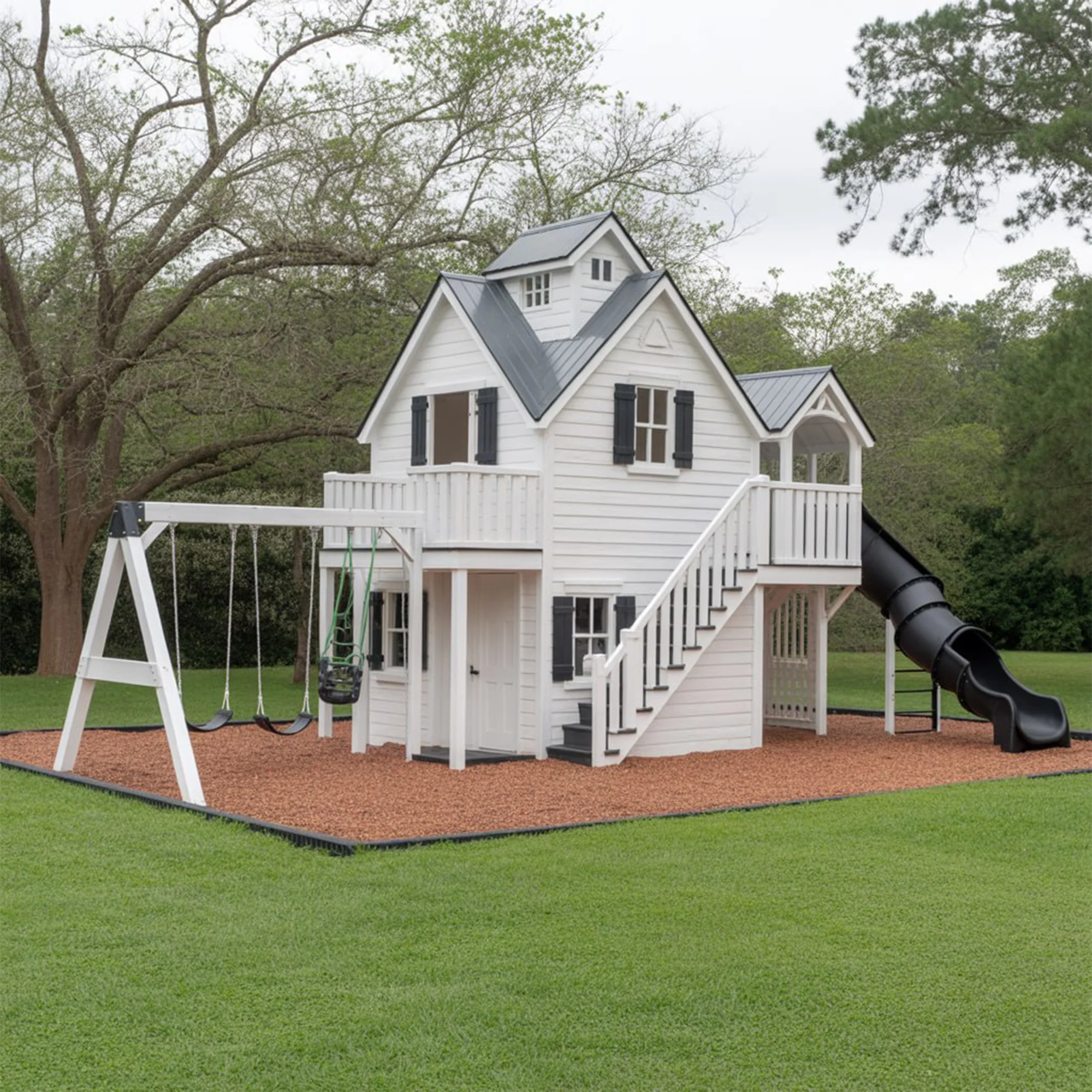 Luxury Two-Story Wooden Playhouse with Spiral Slide, Double Swings & Balcony – Outdoor Kids Playground Set 22x12x9 ft