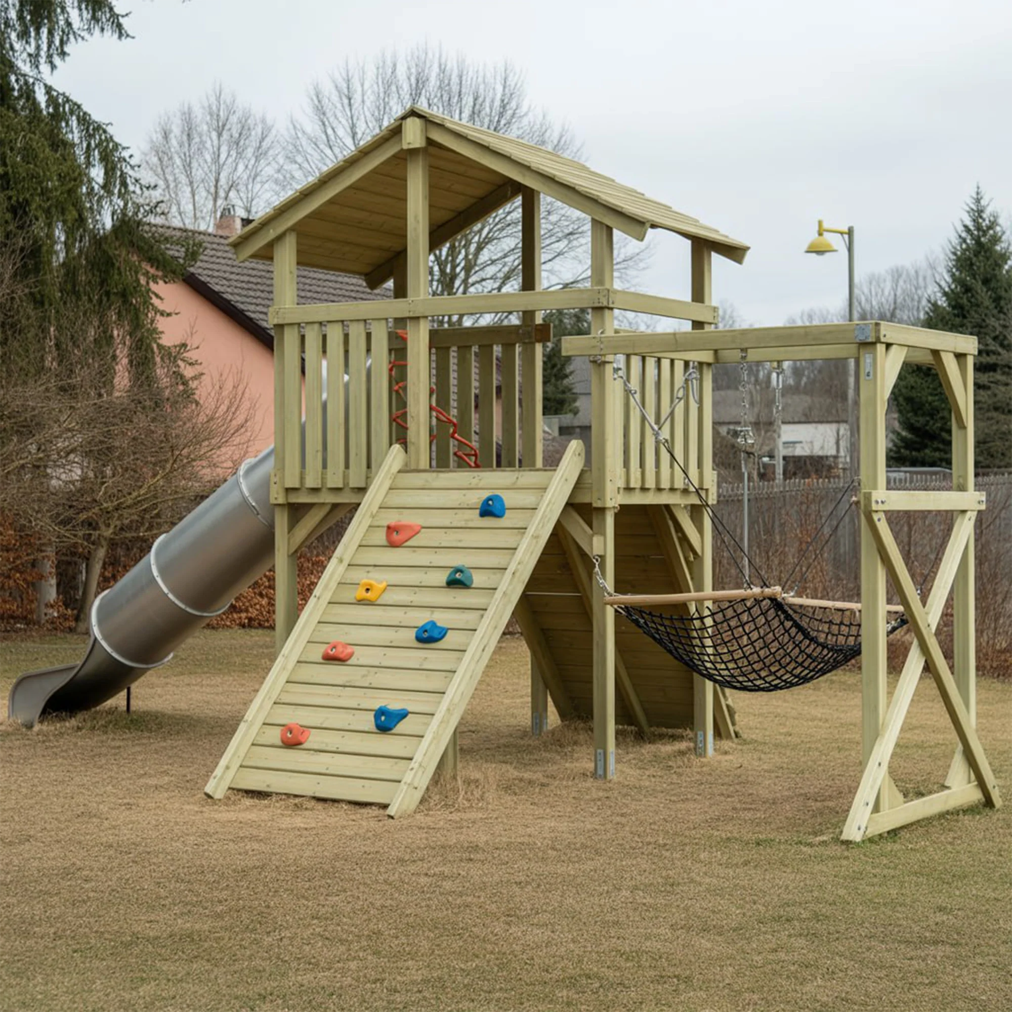 Outdoor Wooden Playset with Slide, Climbing Wall, Hammock Swing & Covered Playhouse | 22ft x 12ft x 9ft