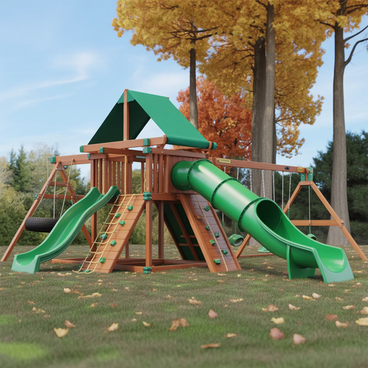 Wooden Swingset with Tube Slide, Double Swings & Rock Wall – Outdoor Kids Playground