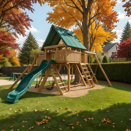 Backyard Wooden Swing Set with Double Slide, Swings & Playhouse – Outdoor Kids Playground