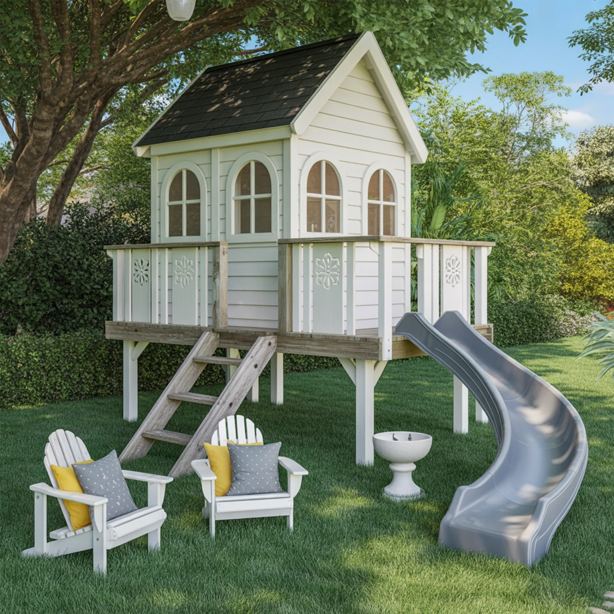 Wooden Kids Playhouse with Slide & Stairs | Compact 12x2x9 ft Outdoor Playground