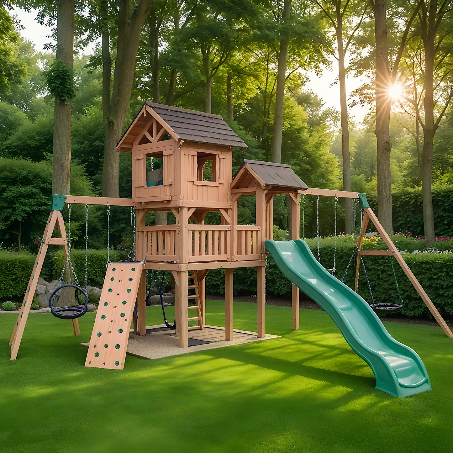 Outdoor Wooden Playground with Swings, Slides & Climbing Wall for Kids