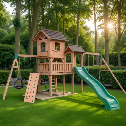 Outdoor Wooden Playground with Swings, Slides & Climbing Wall for Kids