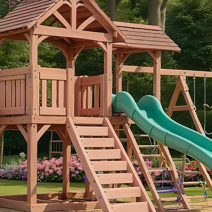 Backyard Kids Playground – Wooden Swing Set with Playhouse, Slides & Climbing Features