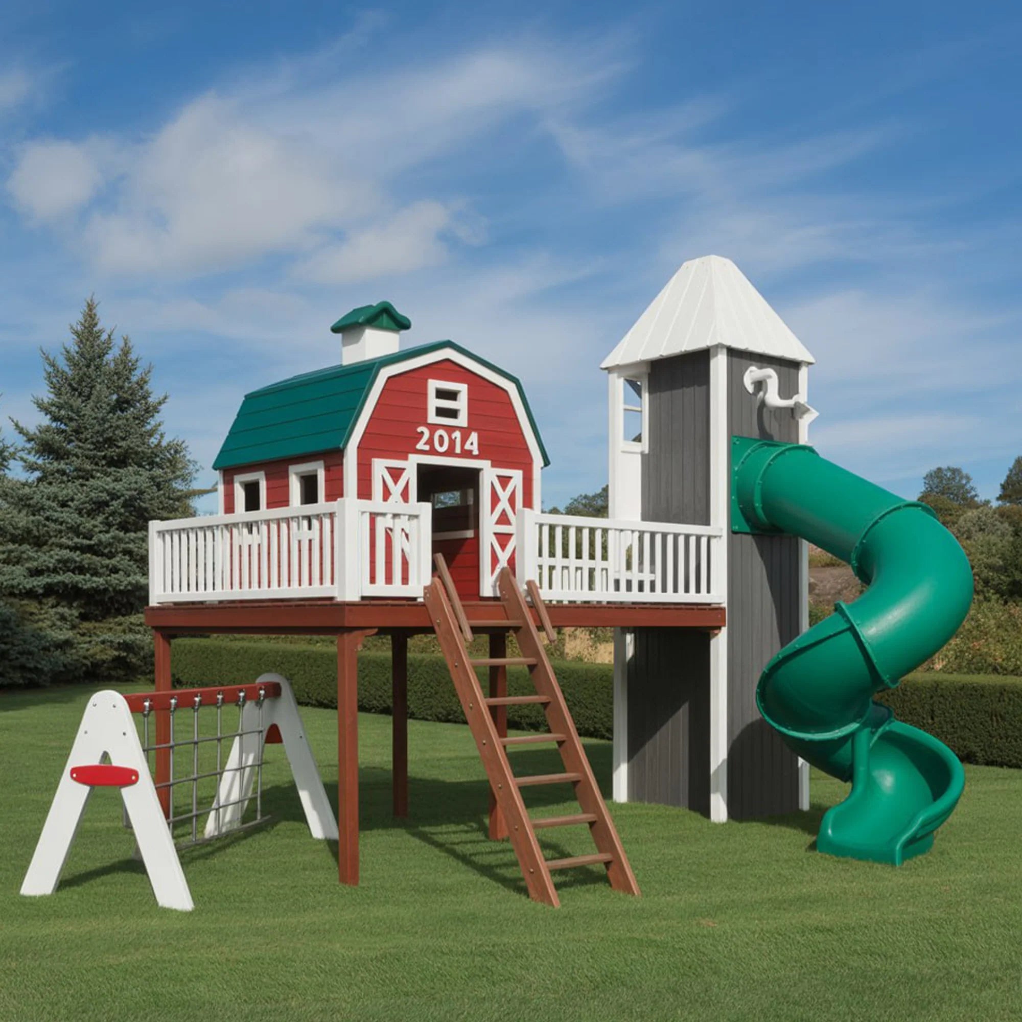 Large Outdoor Wooden Playhouse with Slide, Swings & Climbing Tower – 22ft Backyard Playground