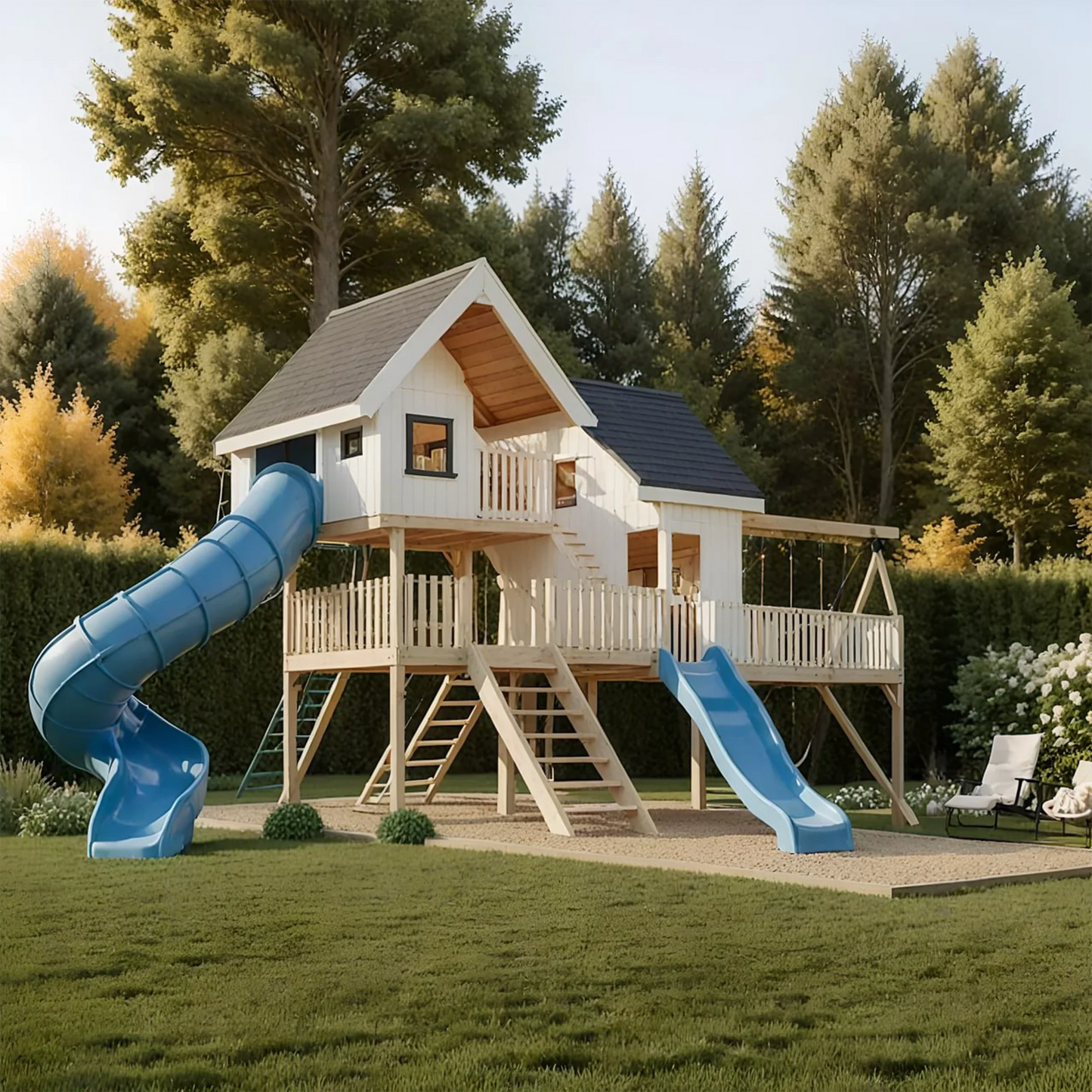 Wooden Playhouse Tower with Sandbox, Swings & Wave Slide – Outdoor Kids Playset