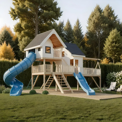 Wooden Playhouse Tower with Sandbox, Swings & Wave Slide – Outdoor Kids Playset