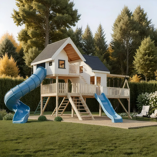 Wooden Playhouse Tower with Sandbox, Swings & Wave Slide – Outdoor Kids Playset