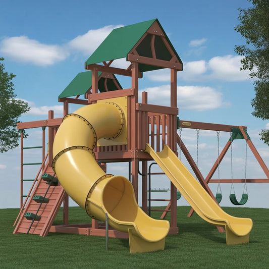 Wooden Swingset with Double Slide & Tube Slide – 22ft x 12ft x 9ft | Backyard Outdoor Playset