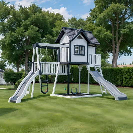 Outdoor Playhouse with Double Slides, Swings & Climbing Wall – Wooden Playground Set