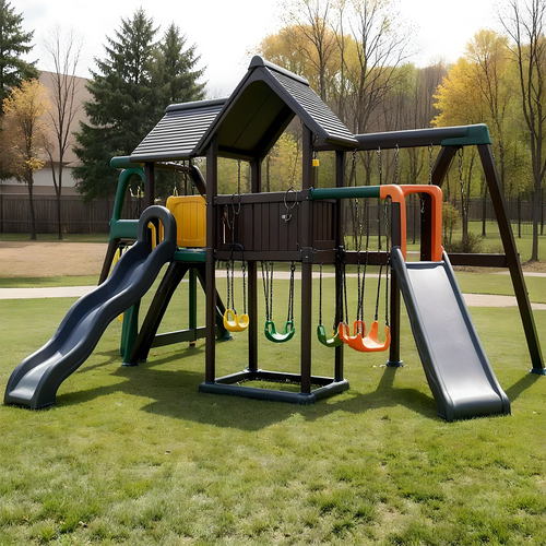 All-in-One Wooden Playset with Playhouse, Double Slides & Swings for Kids