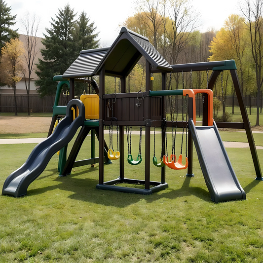 All-in-One Wooden Playset with Playhouse, Double Slides & Swings for Kids