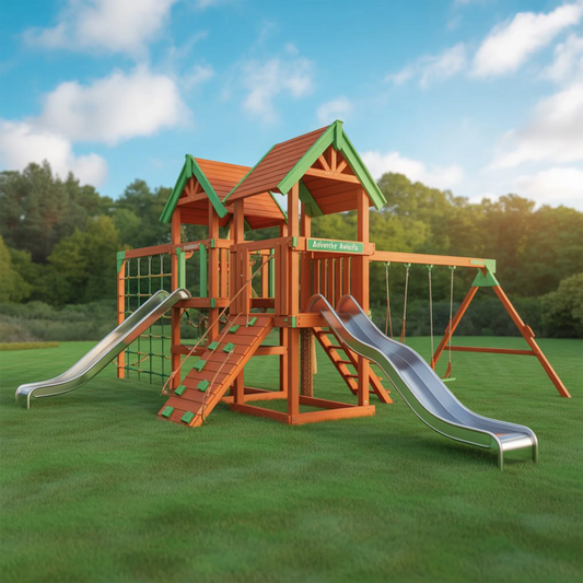 Outdoor Wooden Swingset with Playhouse, Slide & Climbing Wall