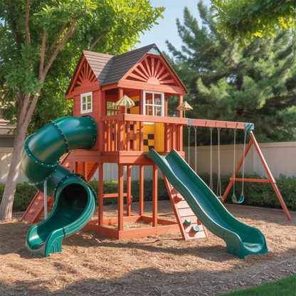 Wooden Playhouse with Spiral Slide, Straight Slide & Swings | Large Outdoor Playground for Kids
