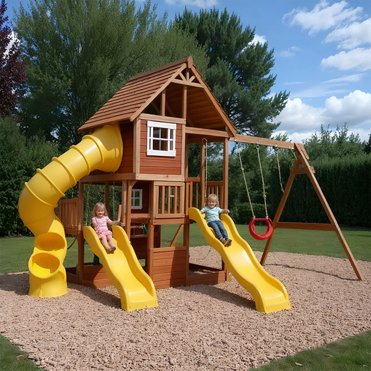 Heavy-Duty Wooden Swingset with Spiral Slide & Double Towers