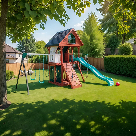 Wooden Swing Set with Slide, Rock Wall & Playhouse – Backyard Kids Playground Outdoor Fun