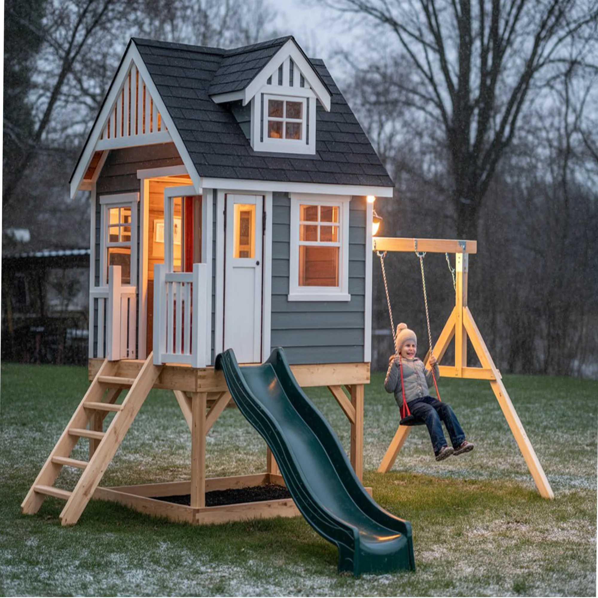 Modern Wooden Playhouse with Slide and Swing – Outdoor Kids Backyard Playground Set (16ft x 12ft x 9ft)