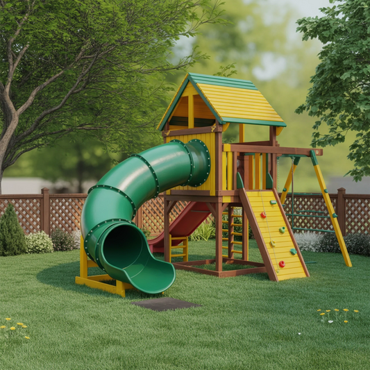 Premium Wooden Swingset with Tube Slide, Rock Wall & Dual Swings – 21ft x 13ft x 11ft Heavy-Duty Backyard Playset