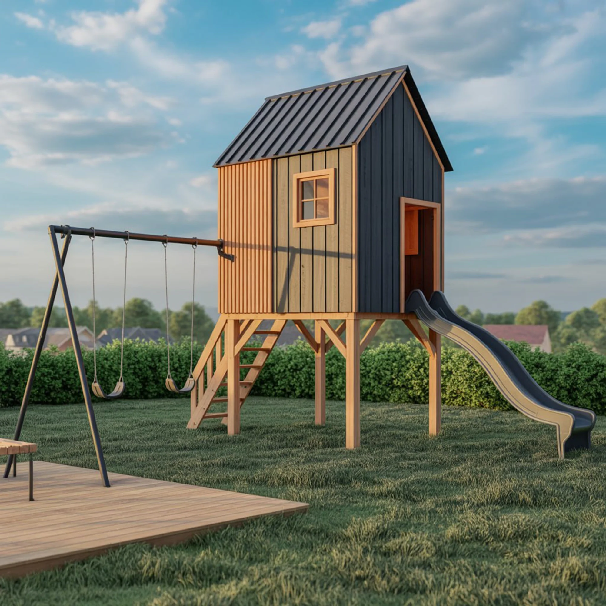 Modern Wooden Playhouse with Slide & Swings – 22ft x 12ft x 9ft Outdoor Kids Playground