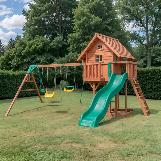 Outdoor Wooden Swing & Slide Set – Kids Playhouse with Swings & Rock Wall