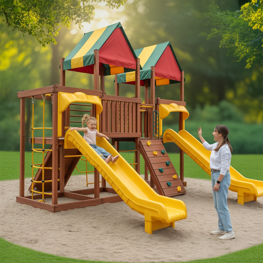 Wooden Swingset with Double Towers, Slides & Swings – Outdoor Kids Playground