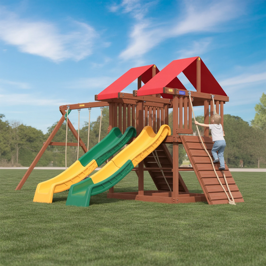 Wooden Outdoor Swingset with Double Slides & Playhouse | Durable Kids Playground