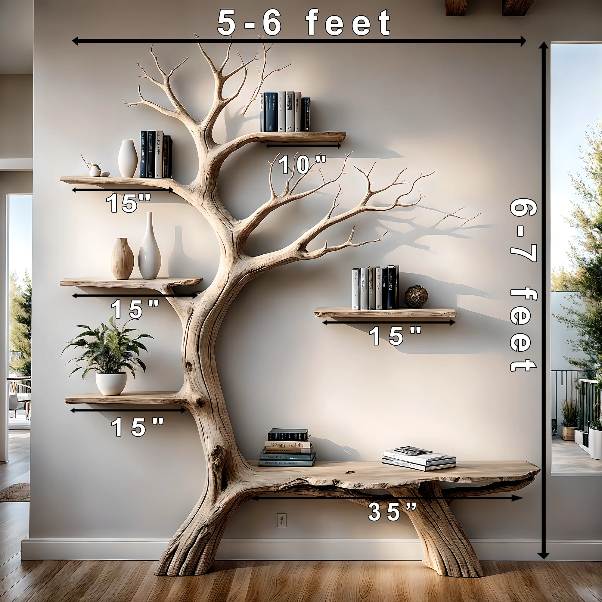 Wooden branch bookshelf, Handmade from natural pine wood, Floating shelf, Children's room decoration 