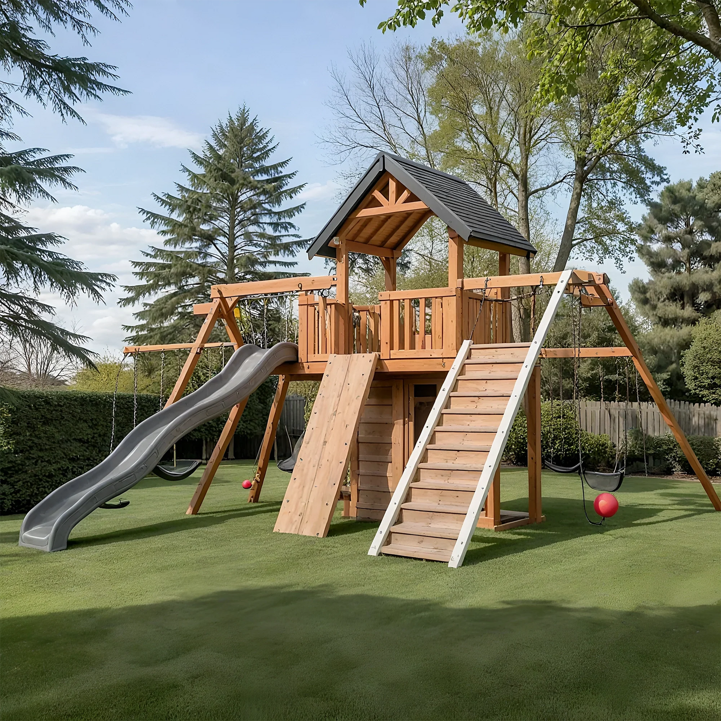 Wooden Swing Set with Clubhouse, 3 Swings & Long Slides – Outdoor Play Area