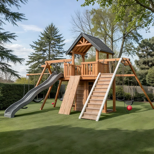 Wooden Swing Set with Clubhouse, 3 Swings & Long Slides – Outdoor Play Area