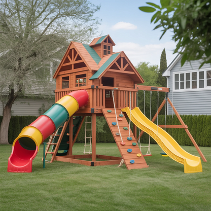 Wooden Swingset with Spiral Tube Slide, Straight Slide & Swings – Kids Outdoor Playground