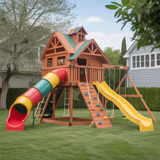 Wooden Swingset with Spiral Tube Slide, Straight Slide & Swings – Kids Outdoor Playground