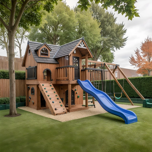 Outdoor Playhouse Swing Set – Durable Wooden Playground with Slide & Swings