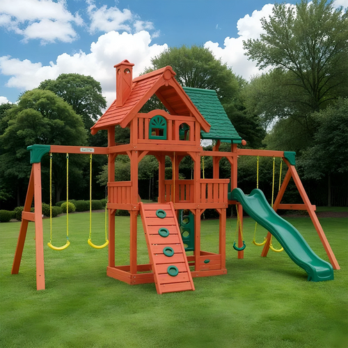 Wooden Swingset with Rope Ladder, Slides & Backyard Swing Seats