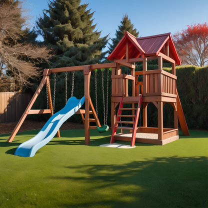 Backyard Playground Swing Set – Wooden Playhouse with Slide and Safe Kids Swings