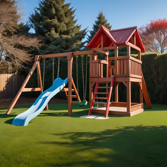 Backyard Playground Swing Set – Wooden Playhouse with Slide and Safe Kids Swings