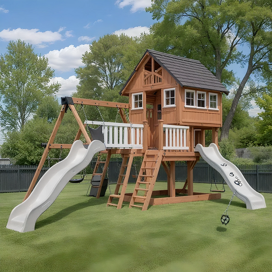 Kids Wooden Swing Set with Rock Wall, Slides & Swing Seats – Outdoor Playset