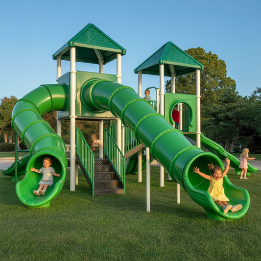 Twin Tower Wooden Playground with Dual Spiral Tube Slides | Outdoor Playhouse for Kids Backyard Adventure
