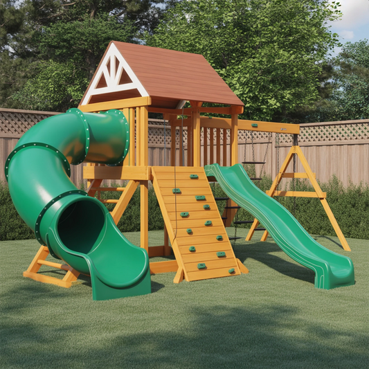 Discover our large wooden swingset with slides, swings & climbing wall – the perfect outdoor playground for endless adventure.