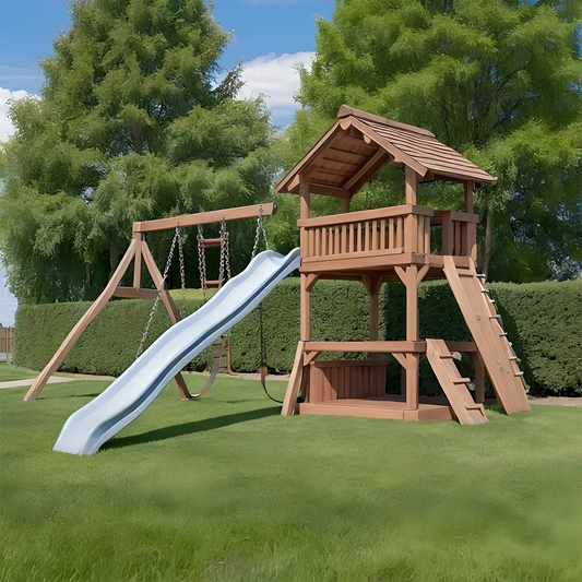 Wooden Playhouse with Slide, 2 Swings & Climbing Ladder – Outdoor Swing Set for Kids