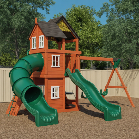 Wooden Playhouse with Double Slide & Swings | 22x12x9 ft Kids Outdoor Playground for Backyard Fun