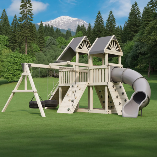 Backyard Wooden Playground Set with Slide, Swings & Adventure Tower