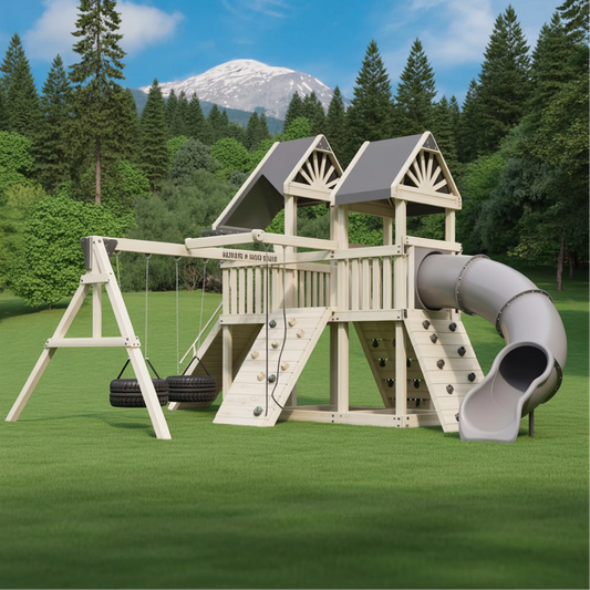 Backyard Wooden Playground Set with Slide, Swings & Adventure Tower