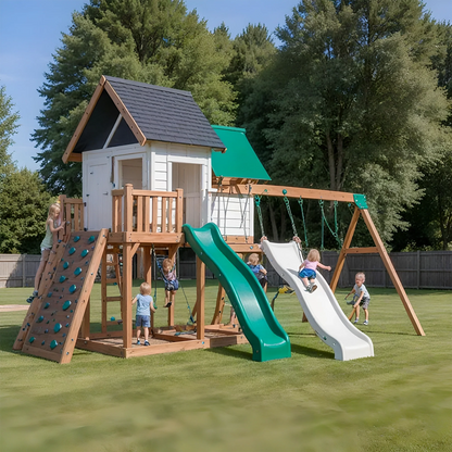 Backyard Wooden Swing Set with Playhouse, Double Slide & Climbing Wall for Kids