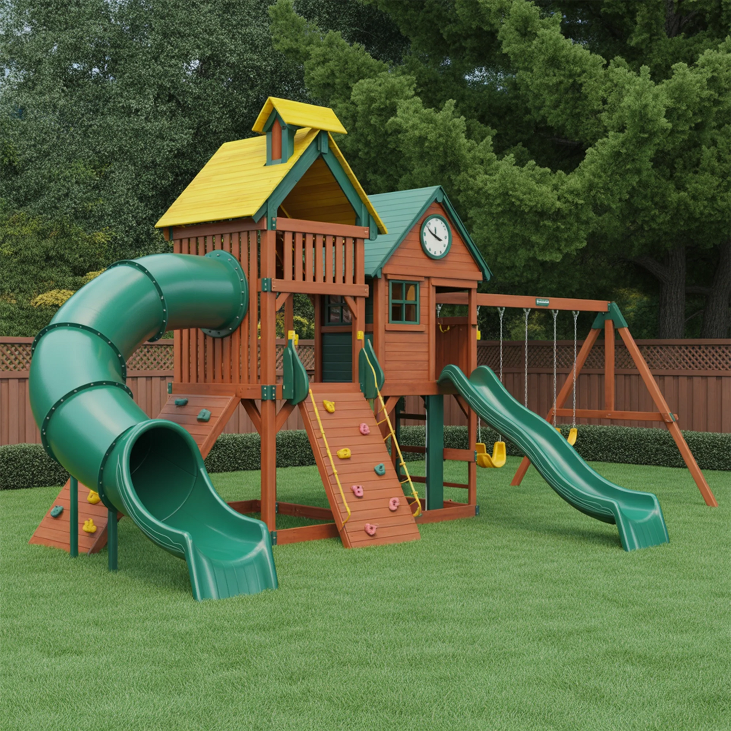 Deluxe Wooden Swingset with Dual Slides, Climbing Walls & Tube Slide – 25ft Backyard Playset