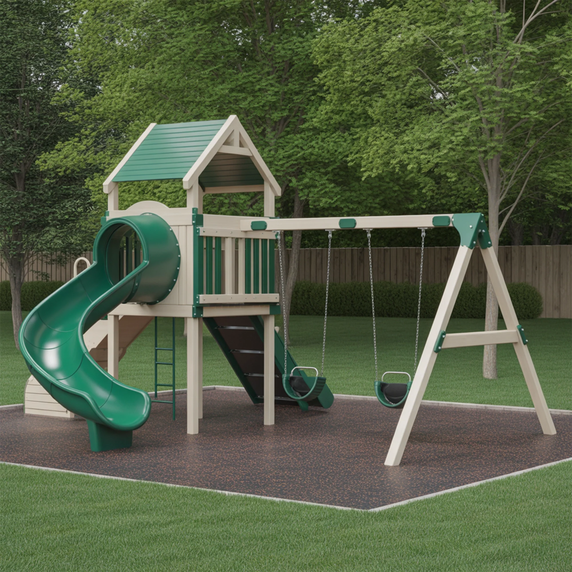 Wooden Outdoor Playset with Spiral Tube Slide, Dual Swings & Climbing Wall – Backyard Adventure Tower | 22x10x9 ft