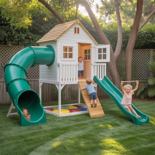 Modern Wooden Swingset with Slide & Playhouse – Outdoor Kids Playground