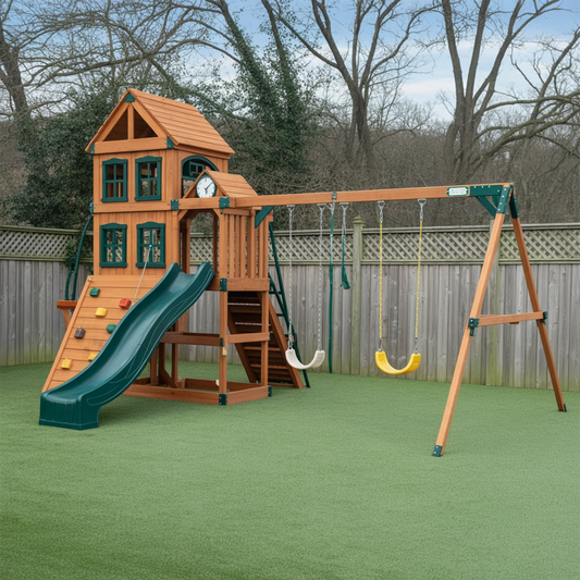 Premium Wooden Swingset with Dual Slides & Rock Climbing Wall – Outdoor Backyard Playset for Kids