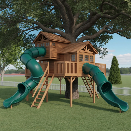 Wooden Treehouse Swingset with Double Tube Slides – Outdoor Playset