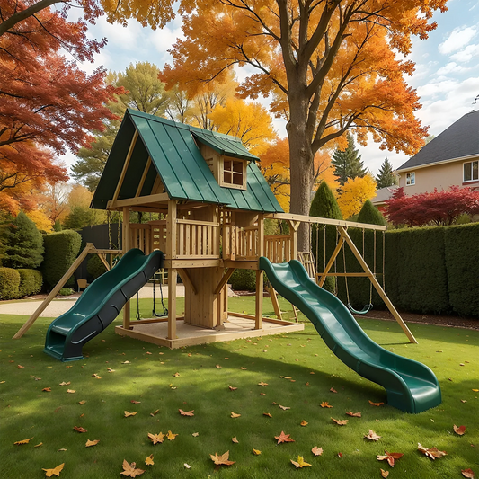 Premium Wooden Outdoor Swing Set with Playhouse, Swings & Activity Wall